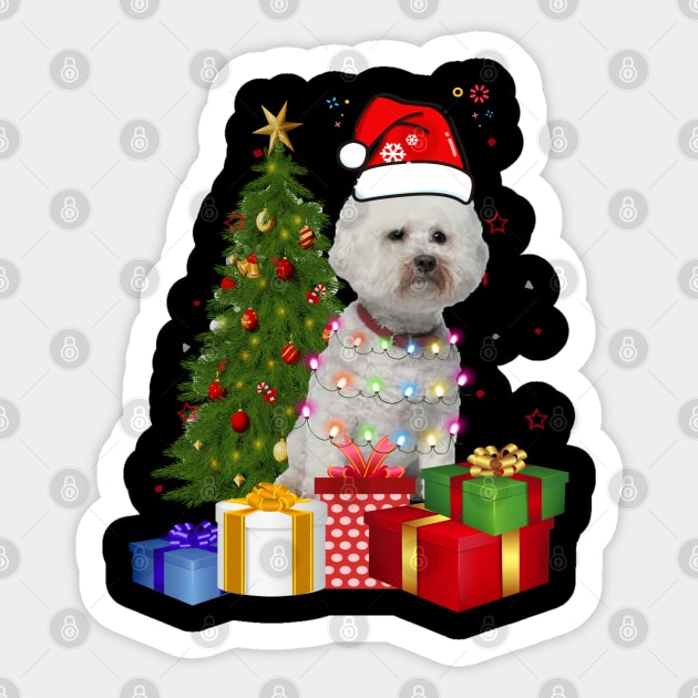 Bichon Frise Christmas Tree Santa Hat Funny Xmas Gift Dog T-Shirt Sticker by CoolTees